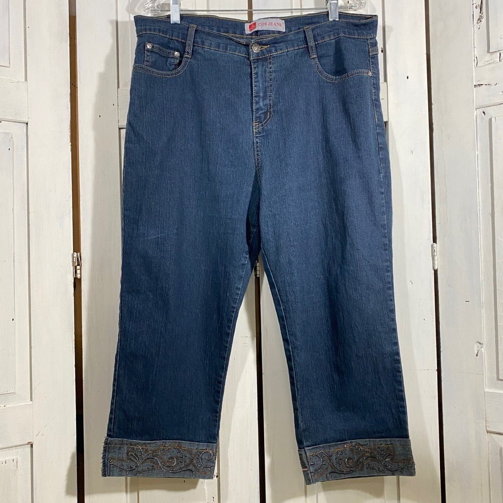 COS Jeans Embroidered Cropped Flap Pockets‎ Med Wash Stretch Size 16